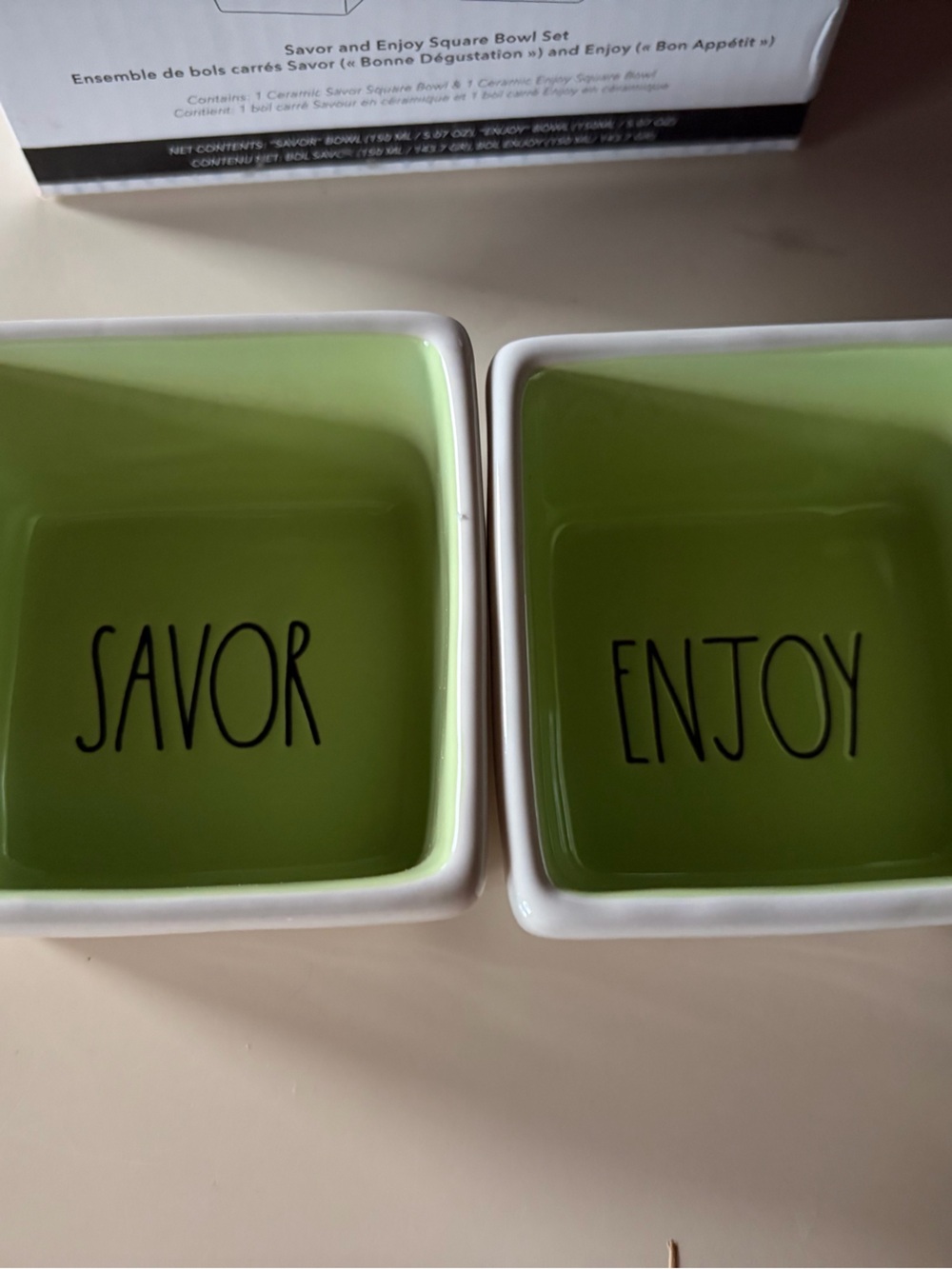 Rae Dunn White & Green Savor and Enjoy Square Bowls by Rae Dunn